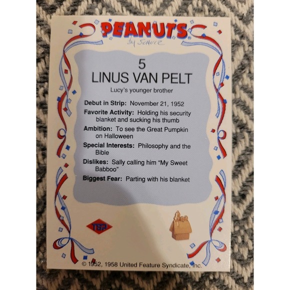 Vintage 1990s Peanuts By Schultz Trading Card #5 Linus Van Pelt - Picture 2 of 2